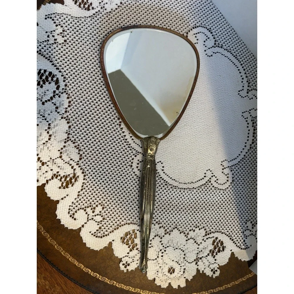 Vintage Hand Mirror Embroidered Floral Fabric Back Metal Decorative Handle 13in